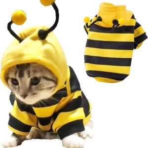 D-Ring Dog Bee Costume, Yellow Bumblebee Halloween Hoodie and Christmas Outfit, Warm Holiday Cosplay Clothes for Small Dogs and Cats