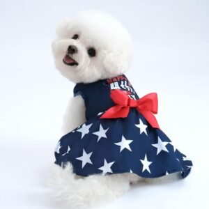 XPUDAC 4th of July Dog Dress Patriotic Clothes Stars Skirt with Bow Independence Day Doggie Outfit Pet Holiday Apparel for Small Dog Girl Cat