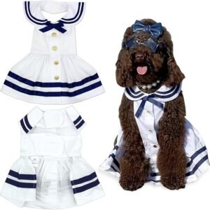 Parisian Pet Dog Dress - Lightweight Sailor Outfit - Breathable Summer Clothes - Pure Cotton White and Blue Dress