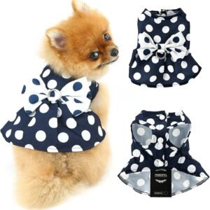 Dog Harness Dress,Retro Bow Princess Dresses for Small Dogs Cats Fashion Polka Dot Puppy Pleated Skirt Soft Lightweight Doggy Sundress Button up Chihuahua Clothes Costume D-Ring,Blue