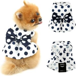 Dog Harness Dress,Retro Bow Princess Dresses for Small Dogs Cats Fashion Polka Dot Puppy Pleated Skirt Soft Lightweight Doggy Sundress Button up Chihuahua Clothes Costume D-Ring,White