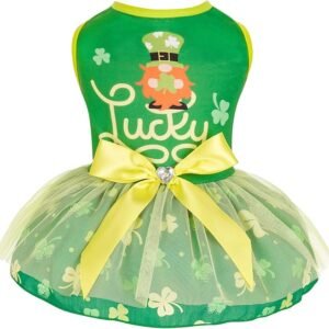 cyeollo St. Patrick's Day Dog Dress Skirt Lucky Shamrock Dog Tulle Dresses with Bowtie for Small Dogs Puppy, Green