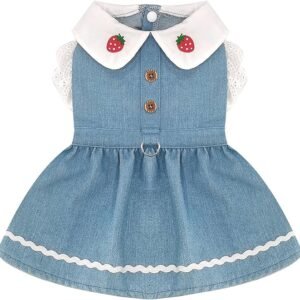 Denim Dog Dress for Small Dogs Cats Cute Girl Dog Clothes Cute Strawberry Female Pet Dresses Spring Summer Pet Outfits for Chihuahua Yorkie Shih Tzu
