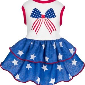 Fitwarm Patriotic Bowknot Tiered Ruffle Dog Dress, 4th of July Clothes for Small Dogs Girl, Pet Outfit, Royal Blue, Red, White