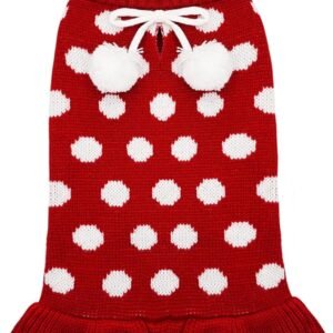 KYEESE Red Dog Sweaters Dress with Leash Hole Polka Dot for Girl Dog Sweater Knit Warm Doggie Sweaters with Pom Pom Ball for Fall Winter