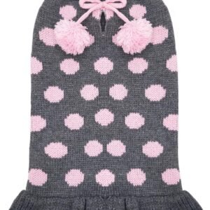 KYEESE Dog Sweater Dress Polka Dot Dog Sweater for Girl with Leash Hole Knit Warm Dogs Clothes with Pom Pom Ball for Fall Winter